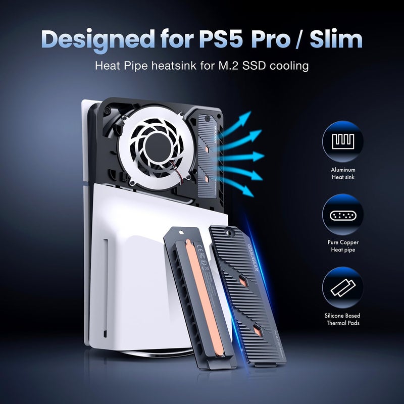 GRAUGEAR PS5 Pro/PS5 Slim M.2 SSD Heatsink with Heatpipe, Integrated Copper Heatpipe and Aluminum Fins for High-Efficiency Cooling, Compatible with NVMe SSD Upgrade for PlayStation 5 - Image 2